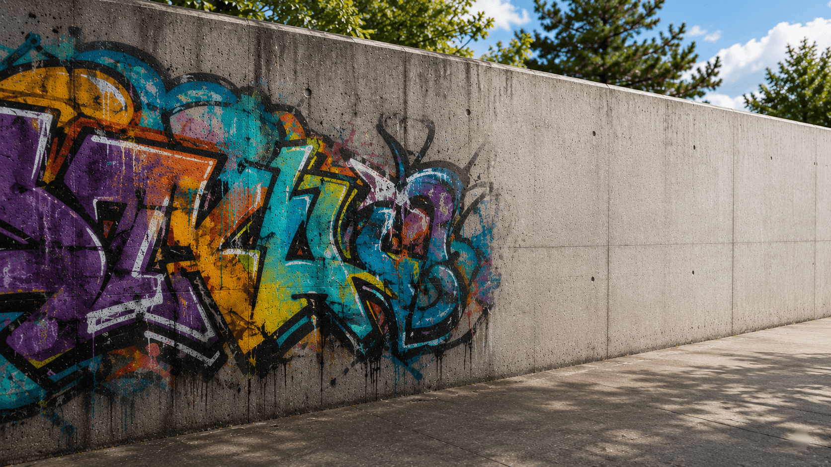 A graffiti-covered concrete wall beside a clean protected surface